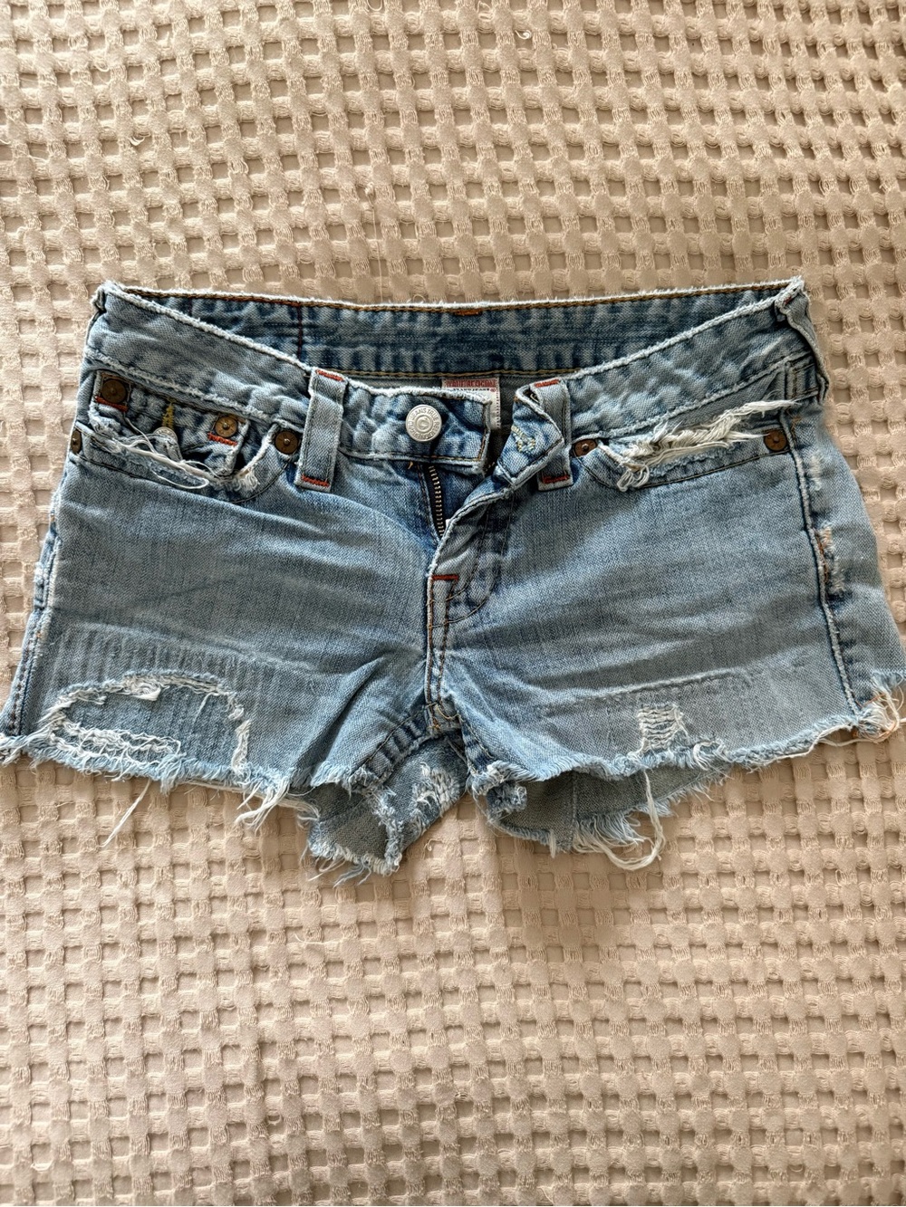 True Religion Light Blue Distressed Denim Cutoff Shorts